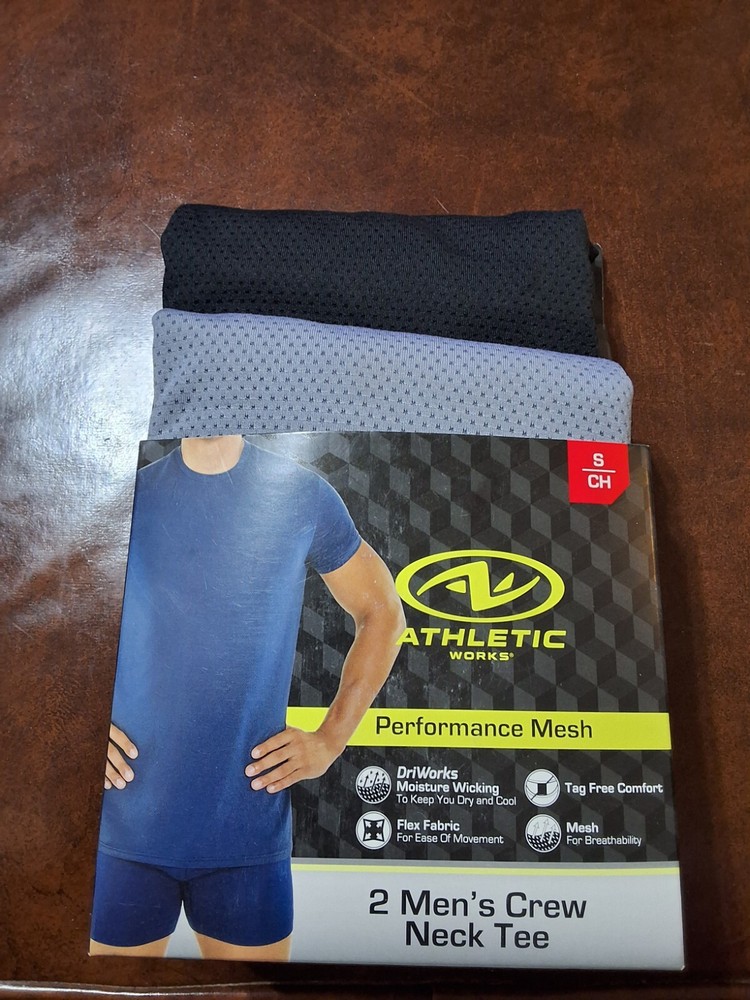 2 Pk ATHLETIC WORKS Men's BREATHABLE MESH CREW TEE SHIRT GRAY BLACK S NEW
