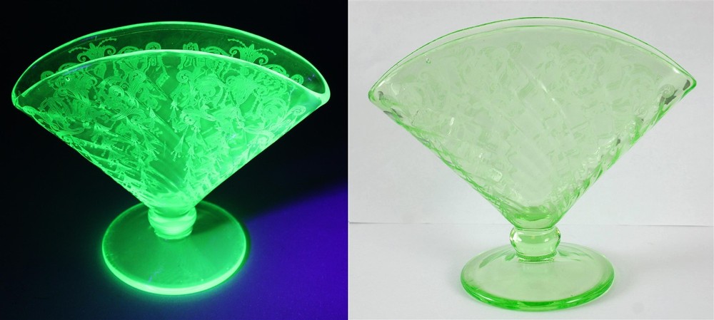 RARE Antique Cambridge Glass Etched Green Uranium Art Glass Fan Vase, NO RESERVE