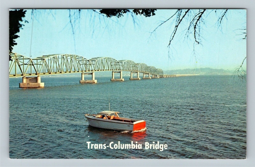 Astoria OR-Oregon, Columbia River Bridge To Washington, Boat Vintage Postcard