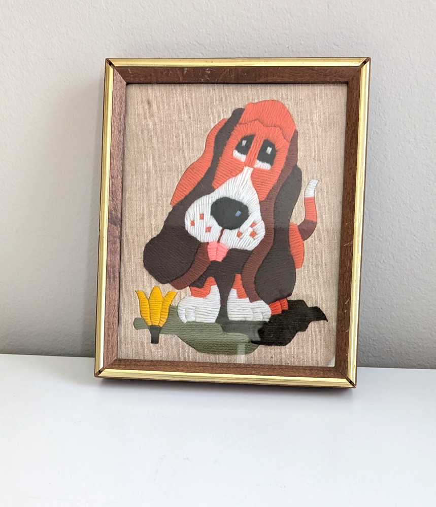 Vintage hand stitched basset hound needlepoint long stitch puppy dog framed