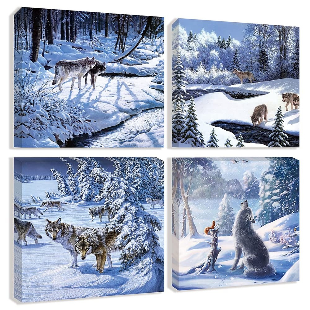 Winter Wolf Canvas Prints Wall Art Paintings 4 Pieces Blue Snowy Forest Lands...