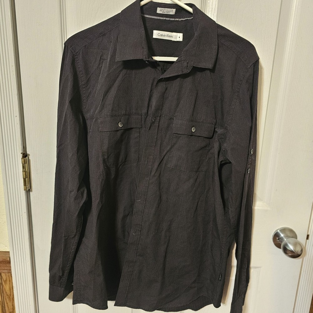 Calvin Klein Black Striped Long Sleeve Button-Up Tunic Blouse Size M Roll Tab