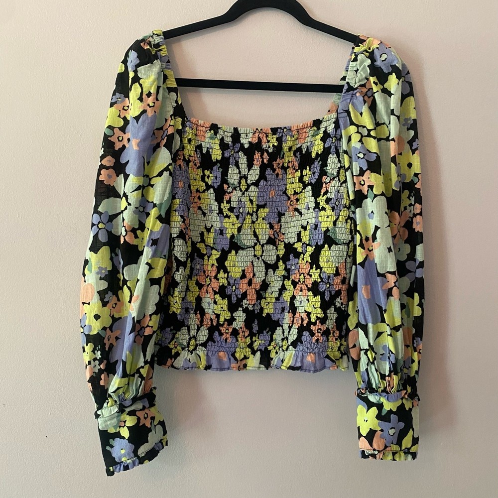 Free People Colorful Floral Cotton Smocked Long Sleeve Blouse Womens size Medium