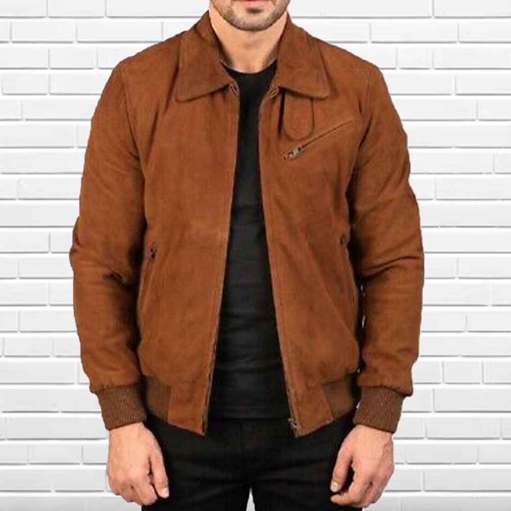 Men's Tan Suede Bomber Jacket Handmade Sheepskin Biker Style Party Wear