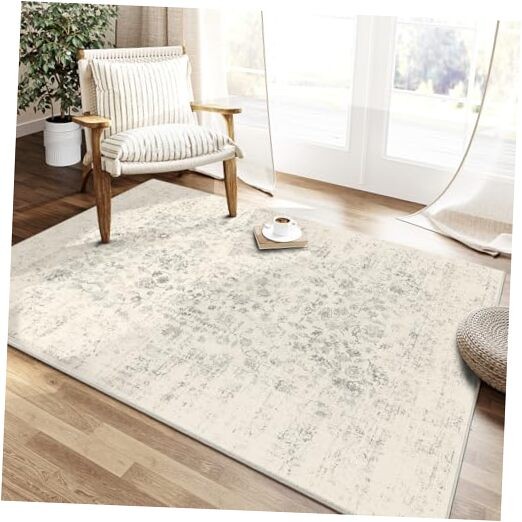 4x6 Area Rugs Machine Washable Light Grey Hallway Rug Retro Floral Vintage Low