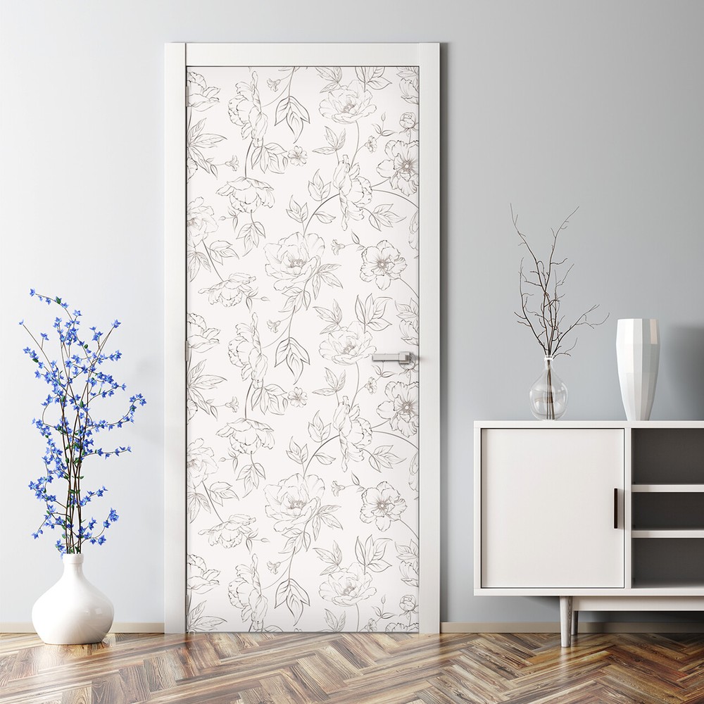 Removable Door sticker Sketched Flower Floral Self adhesive Watercolour Tropical