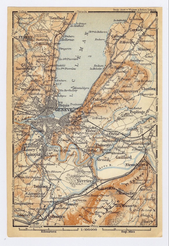 1930 Original Vintage Map Of Vicinity Of Geneva / Switzerland