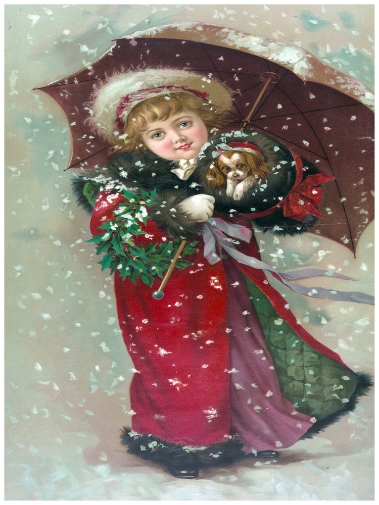 4844 Winter Scene Poster: Woman with Dog, Umbrella, Snow, Xmas Decor for Home or Office Art