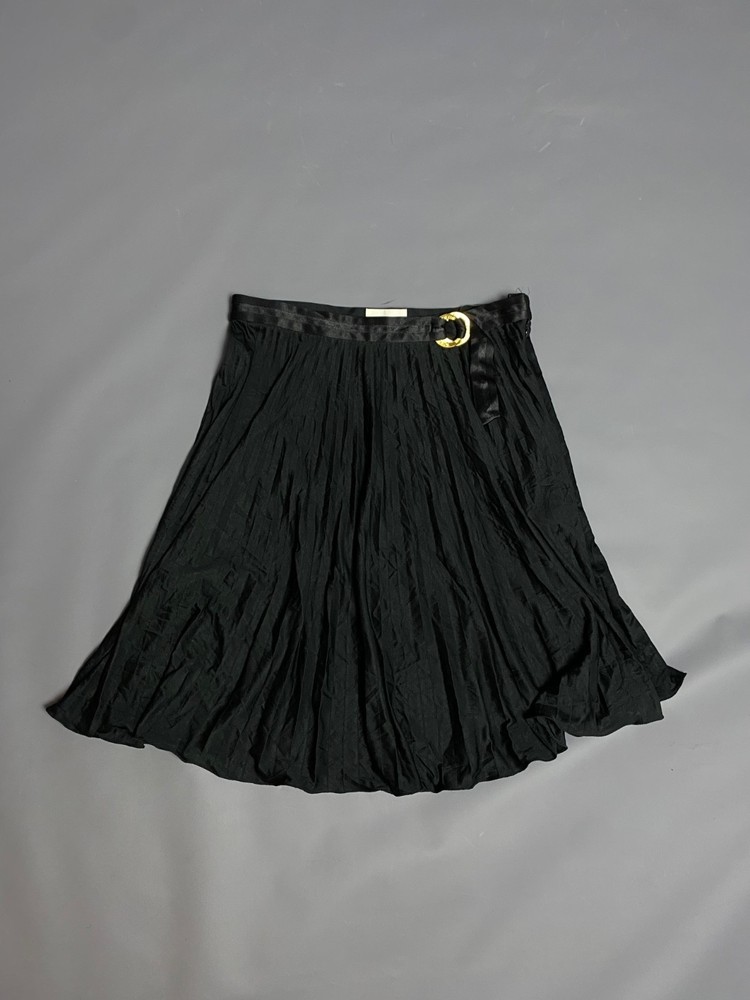 Vtg Iceberg Silk Pleated Skirt Black Gold Logo Buckle Made In Italy Sz 40 /26