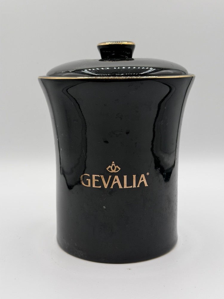 GEVALIA Ceramic Coffee Canister Black W/Gold Lettering Tight Seal Lid