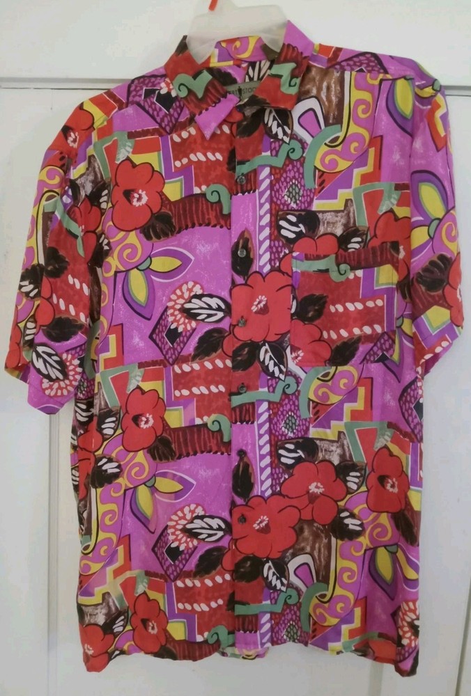 VTG Robert Stock Bold Abstract Print Silk Shirt Mens Size XL Graffiti 90s-image