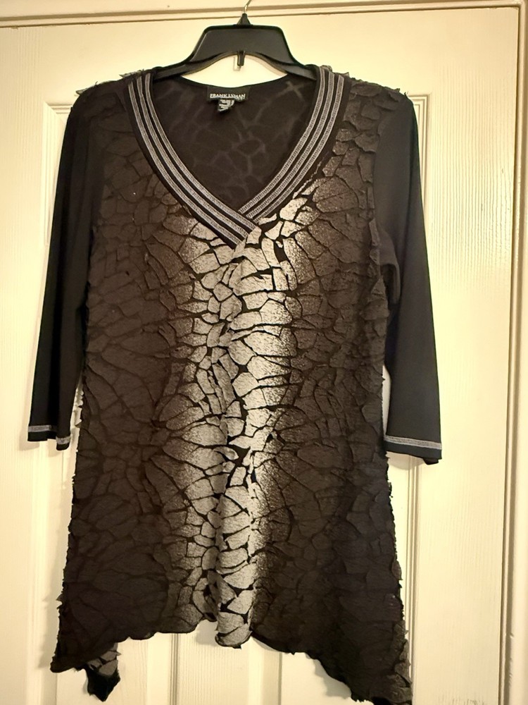 Frank Lyman Tunic Top Womens 14 Black & Grey Shirt Crinkle Texture 3/4 Sleeves
