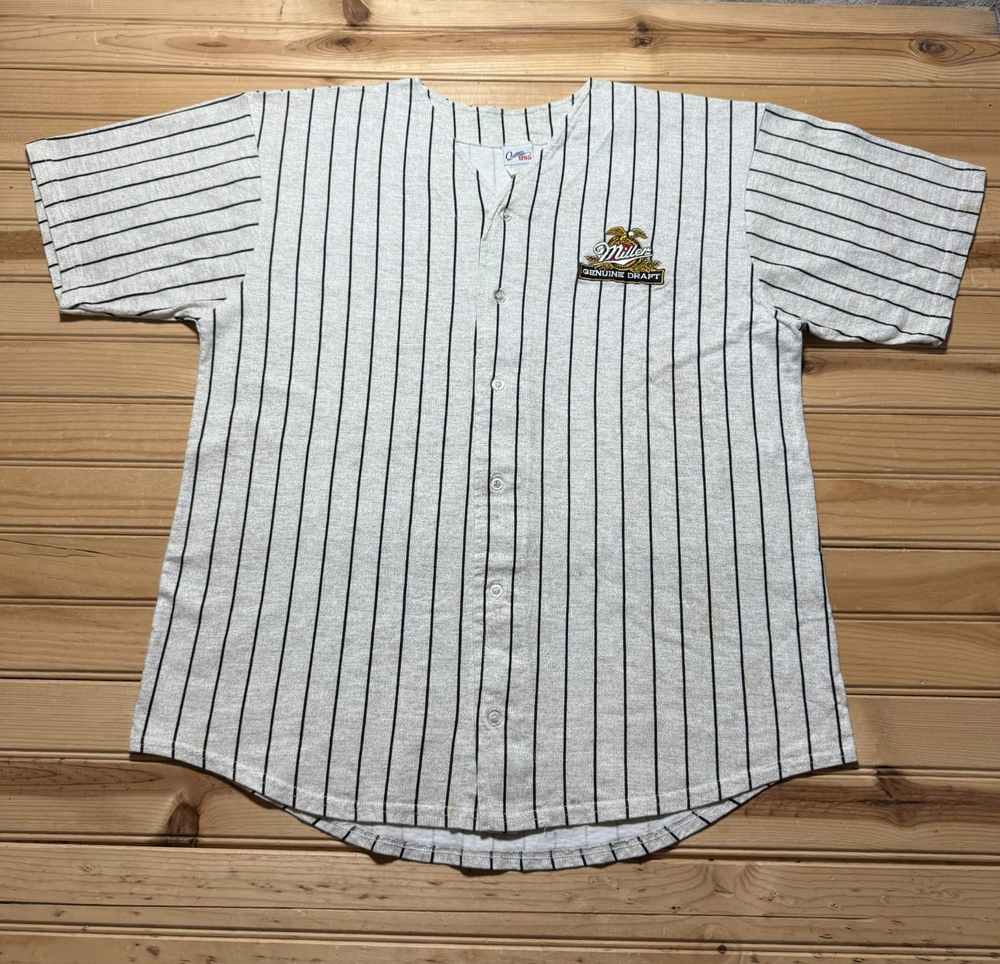 Vintage 90s Miller Genuine Draft Beer Logo Patch Pinstripe Baseball Jersey Large