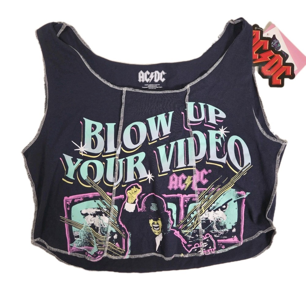 NWT AC/DC Women's Graphic Cropped Tank Top Size Large Black Blow Up Your Video