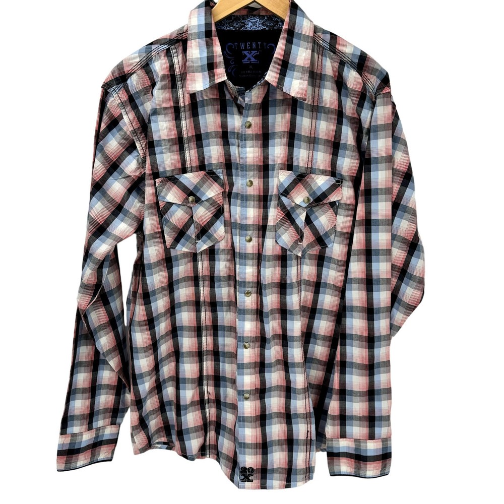 Wrangler 20X Shirt Mens XL Blue Black Red Plaid Pearl Snap Long Sleeve Western