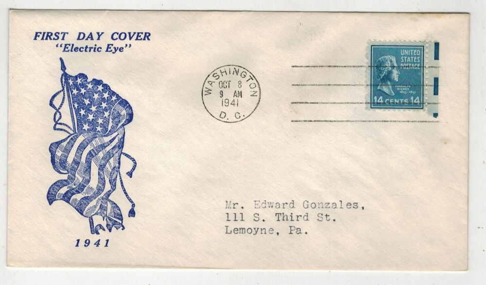 1941 PRESIDENTIAL SERIES IOOR ELECTRIC EYE FDC 819 FRANKLIN PIERCE