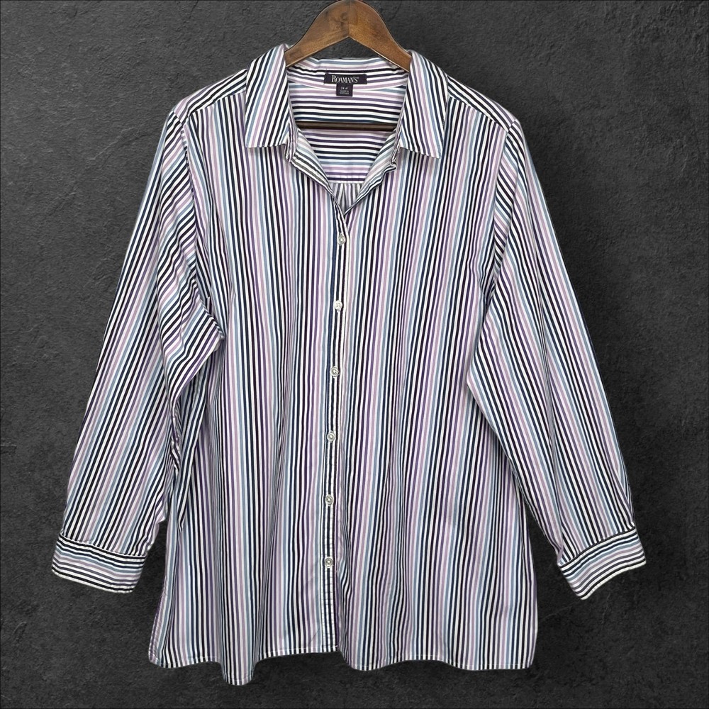 Roamans Womens 24W Purple Blue Striped 100% Cotton Button Down Shirt Long Sleeve