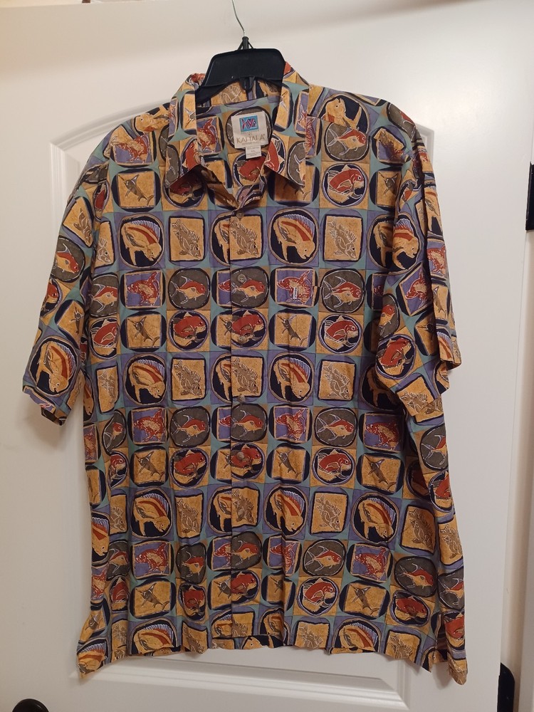 Kahala Avi Collection Men's XL Fish Print Short Sleeve Button Up Hawaiian Shirt
