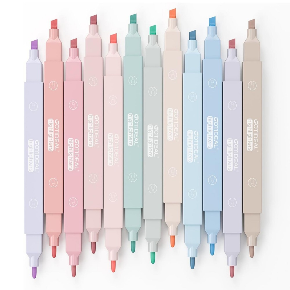 Aesthetic Cute Pastel Highlighters set, Dual tip 12 Pack No Bleed Bible Highligh