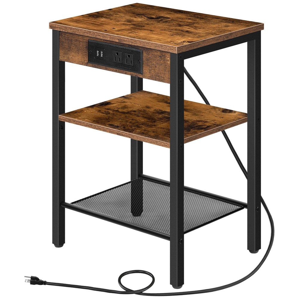 End Table with Charging Station and USB Ports, 3-Tier Nightstand with Adjusta...