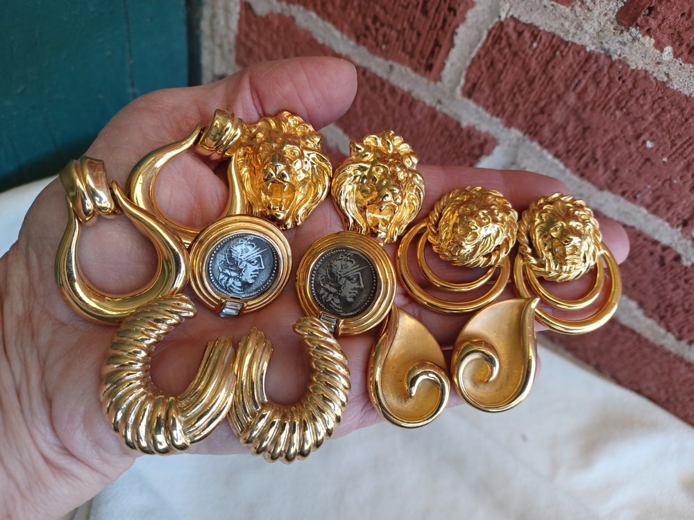 Vintage Trifari Lion Head Door Knocker Faux Roman Coin Gold Tn Post Earrings Lot