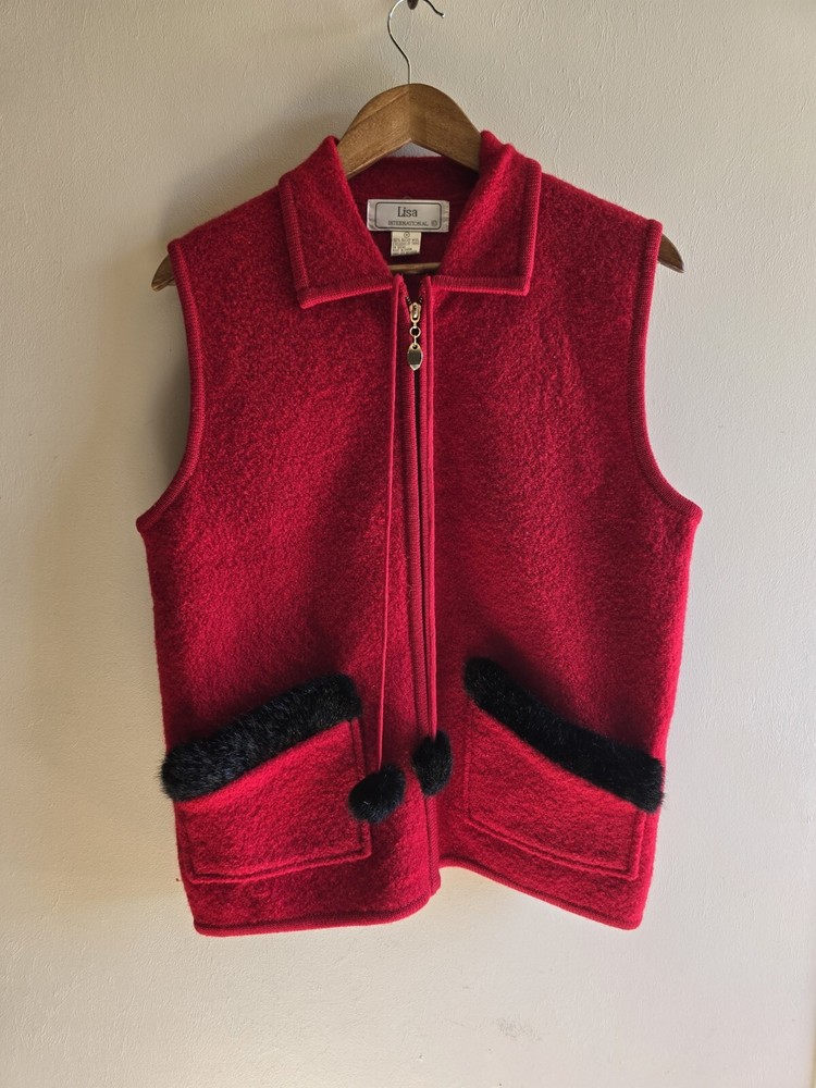Women's Lisa International 100% Boiled Wool Sweater Vest sz M Red & Black