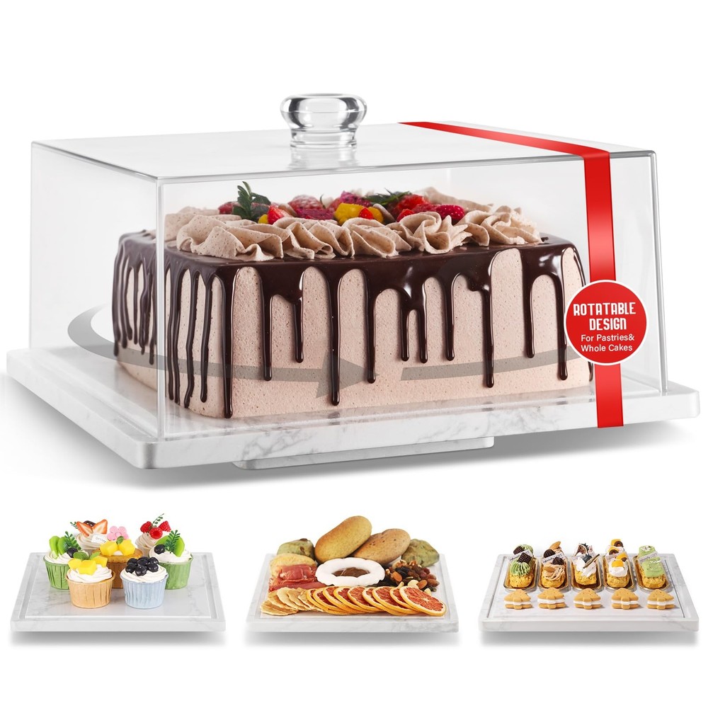 Rotatable Marble Square Cake Stand with Acrylic Dome Lid for Desserts