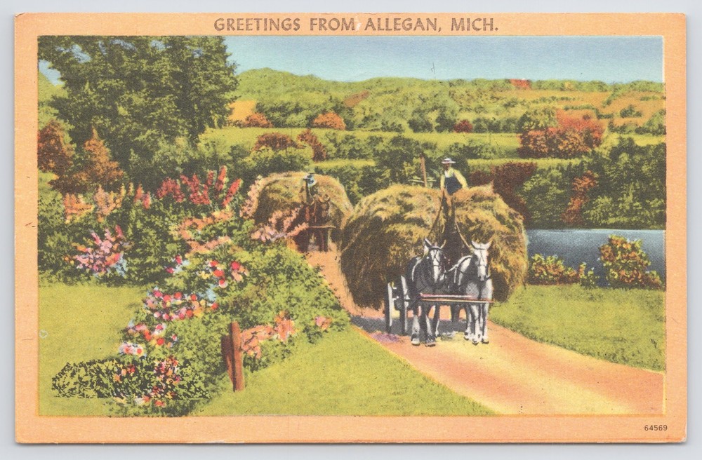 Greetings From Allegan MI~Farmers On Horse-Drawn Hay Carts~Vintage Linen PC