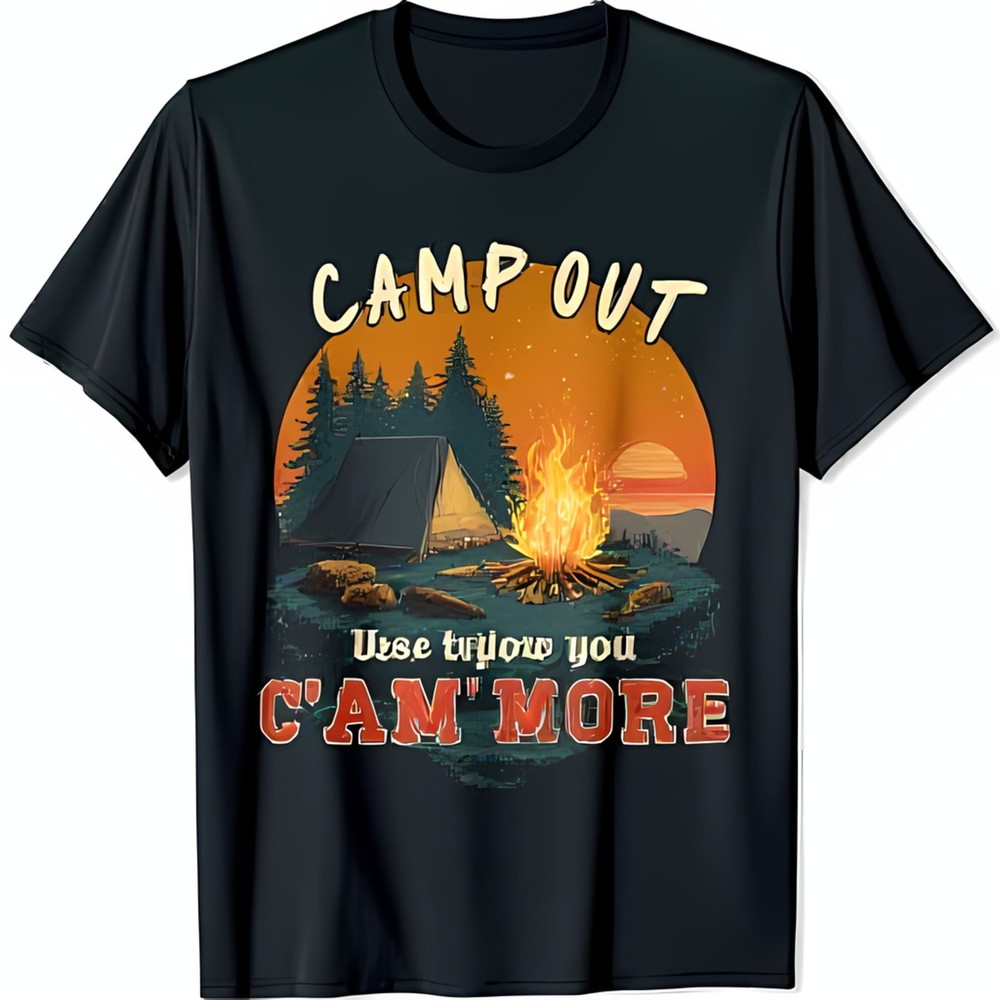 Vintage Campfire Scene Black T-Shirt with Retro 'Camp Out' Graphic