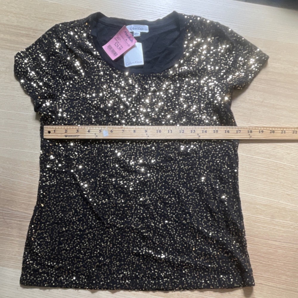Calvin Klein Sequin Knit T-Shirt L Black Gold Scoop Neck Short Sleeve Regular