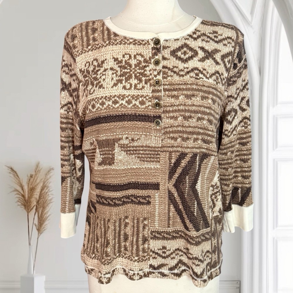 Ralph Lauren Jeans Co LRL Waffle Knit Tribal Henley Top Sz XL Womens 100% Cotton