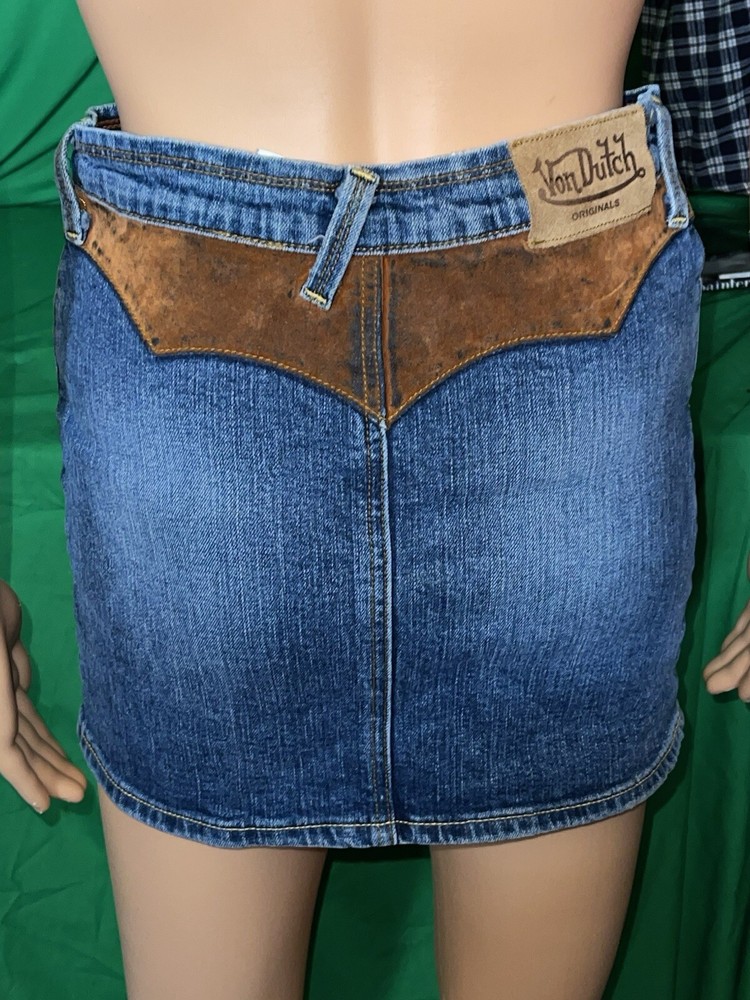 y2k Von Dutch Originals Denim & Suede Mini Skirt Size 27
