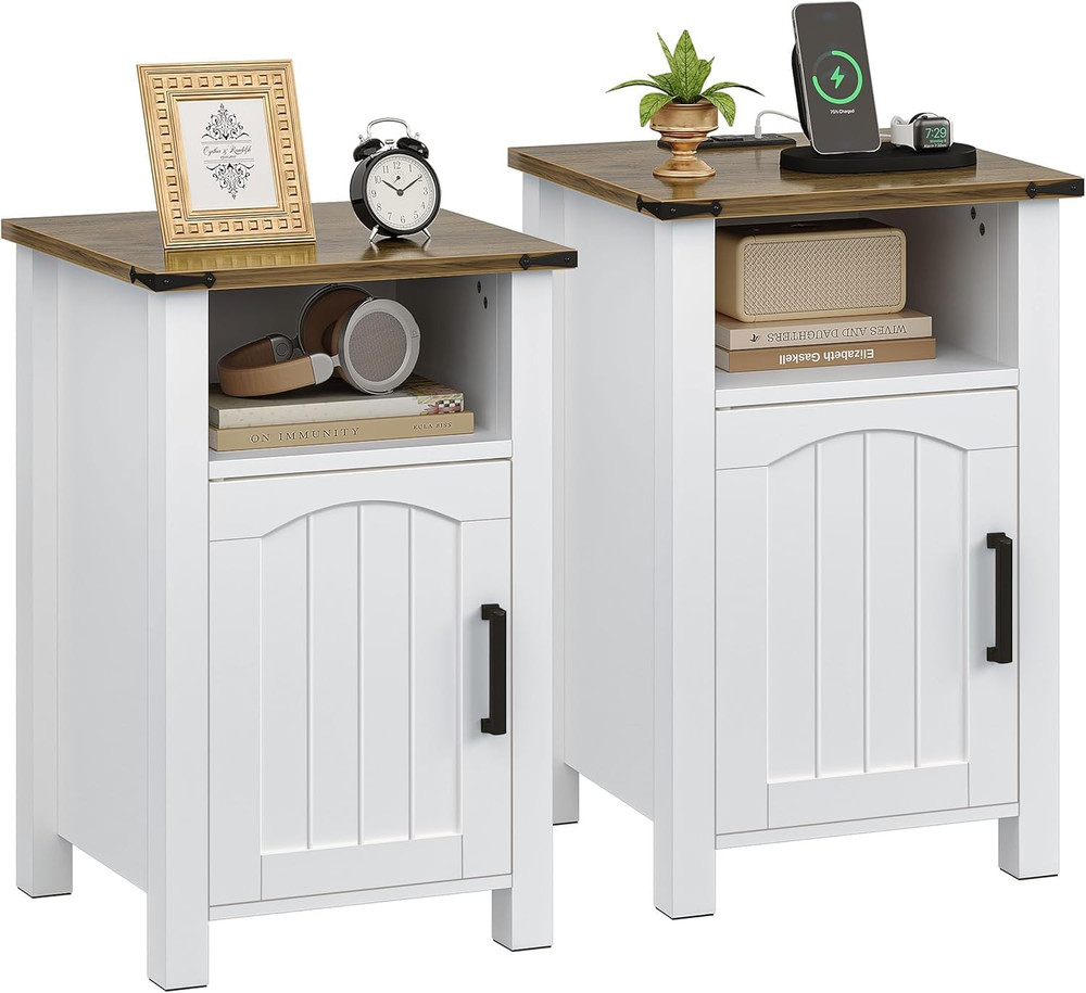 Farmhouse Nightstand with Charging Station, Set of 2 End Table with Usb/Type-C P