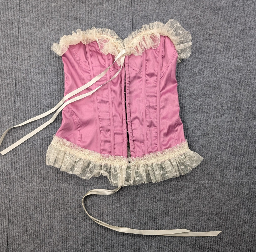 Sugar Thrillz Corset Top Women XS Coquette Milkmaid Satin Pink Valentine Regency