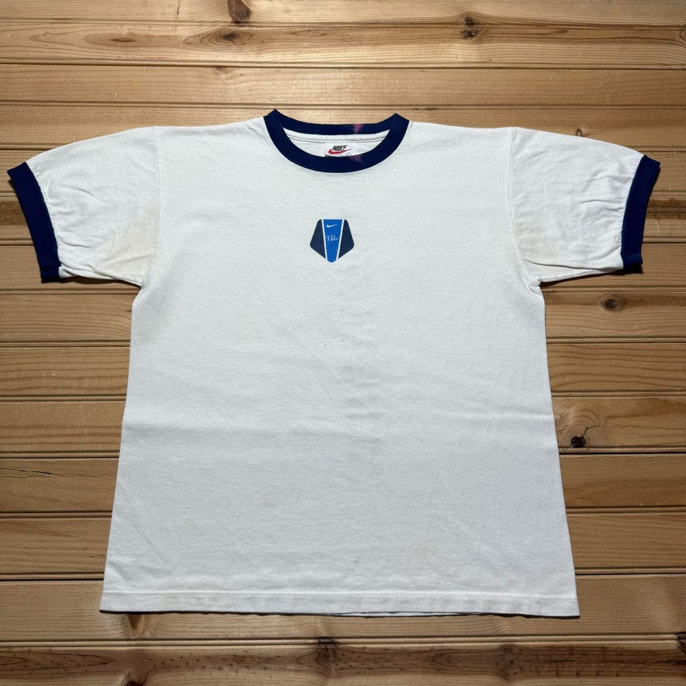 Vintage 90s Nike Spellout Swoosh Short Sleeve Ringer T-Shirt USA Made Size Large