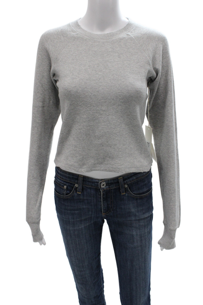 Amo Women Basic Gray Striped Cotton Crew Neck Long Sleeve T-Shirt Size XSFree Shipping in US $100+ Orders | $6.95 Orders Below