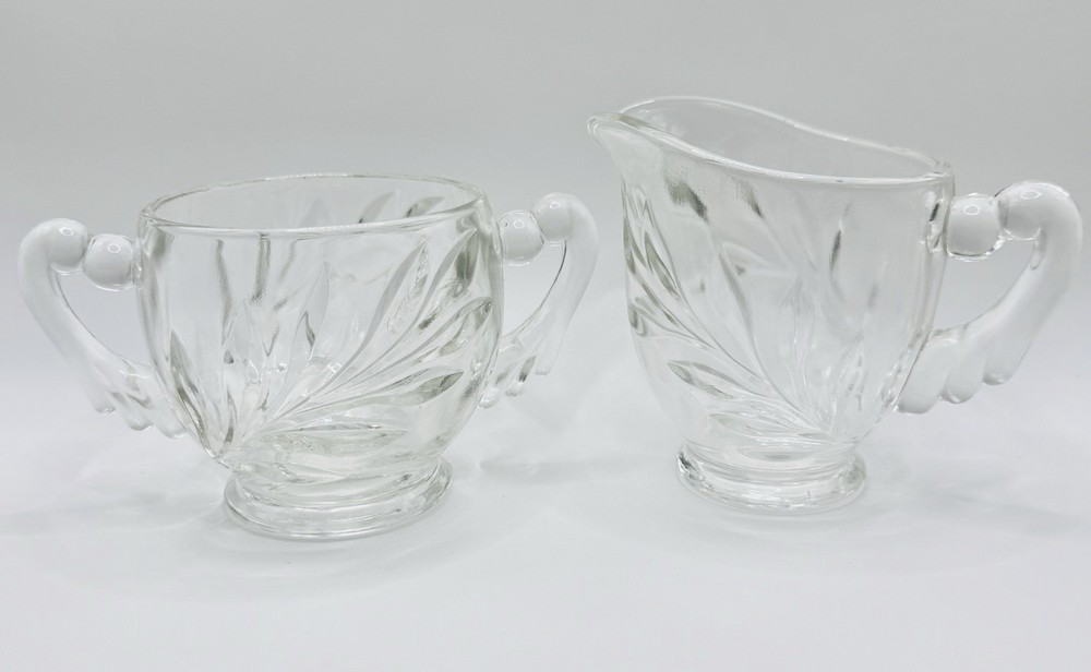 Vintage Clear Cut Glass Creamer & Sugar Bowl Set Etched Leaf Scroll Handles