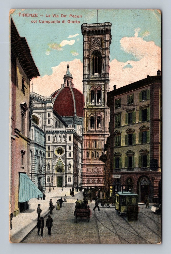 Italy- Florence Street View Bell Tower Old Post PC Card Vintage c1927 Postcard