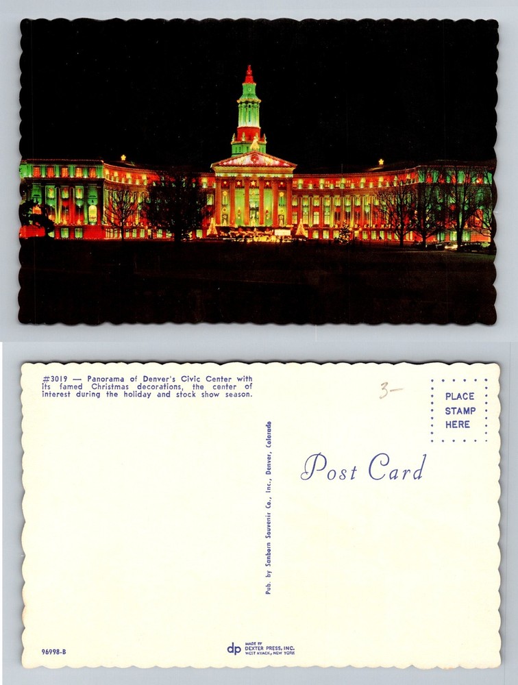 Denver, CO-Colorado, Civic Center Christmas Lights Night View Vintage Postcard