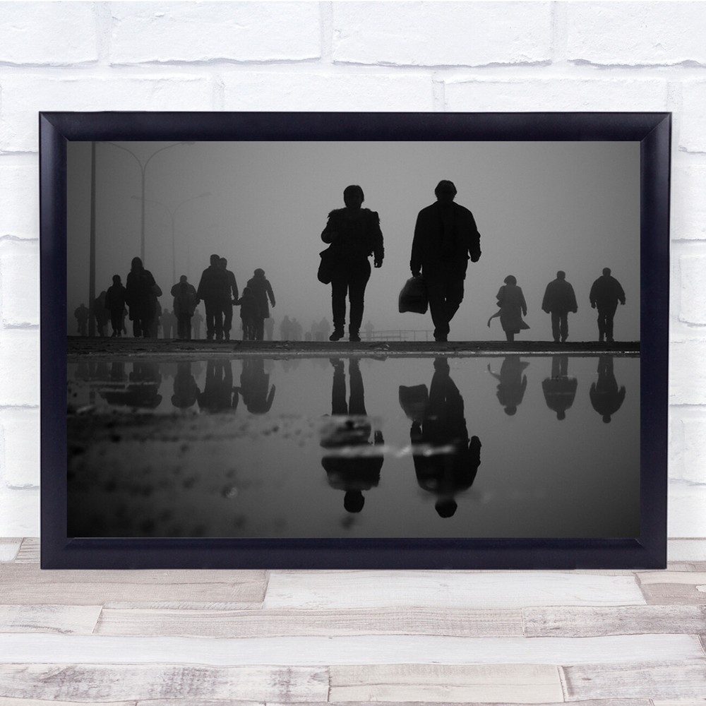Street People Reflection Misty Black White Wall Art Print