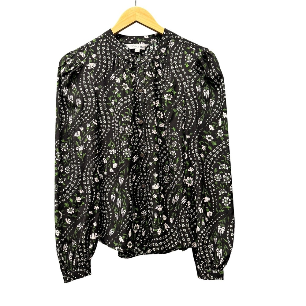 Veronica Beard Silk Blouse Womens 0 Black Green Floral Button Up Top Elegant