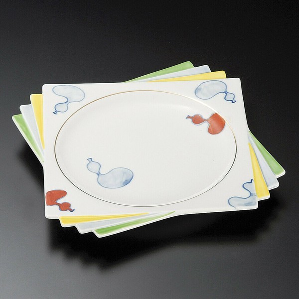 Mino Ware Large Plate with Six Gourd Design and Chiyo Folded Corners Japan