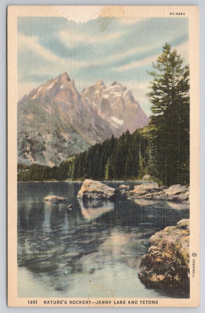 Jenny Lake & Tetons Grand Teton National Park WY Linen Postcard 1930s