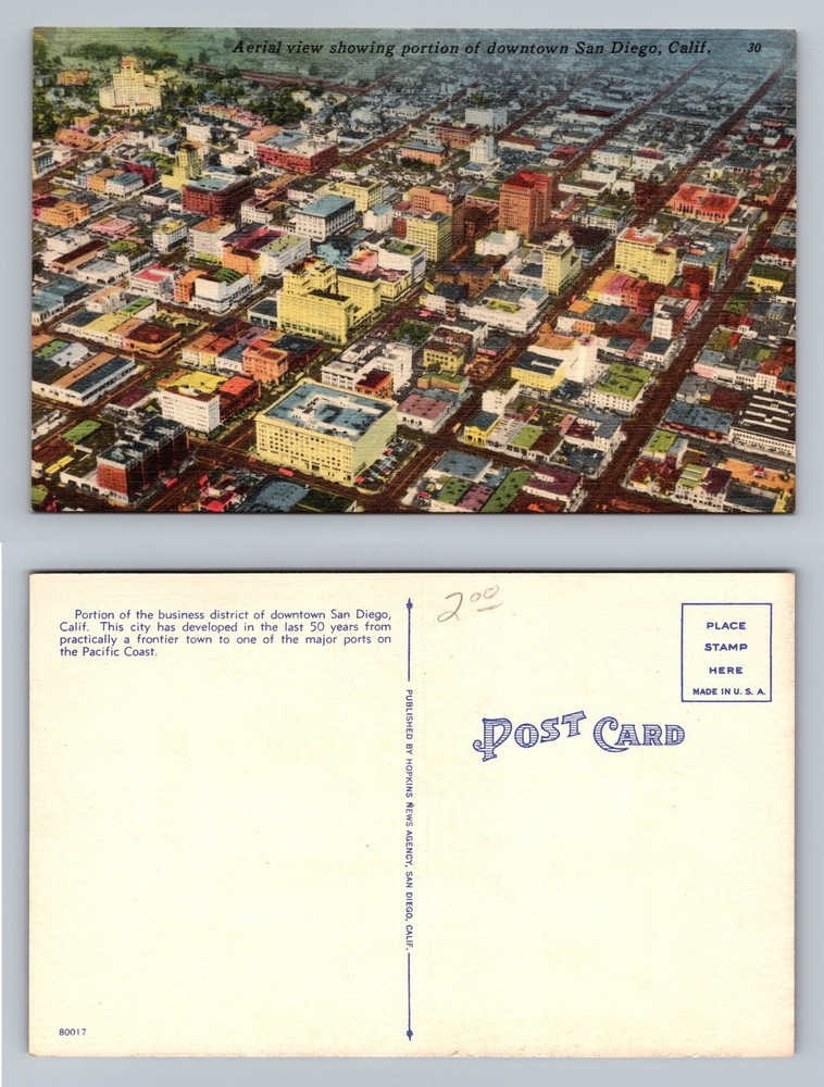San Diego, CA-California, Downtown Aerial Business District Old Vintage Postcard