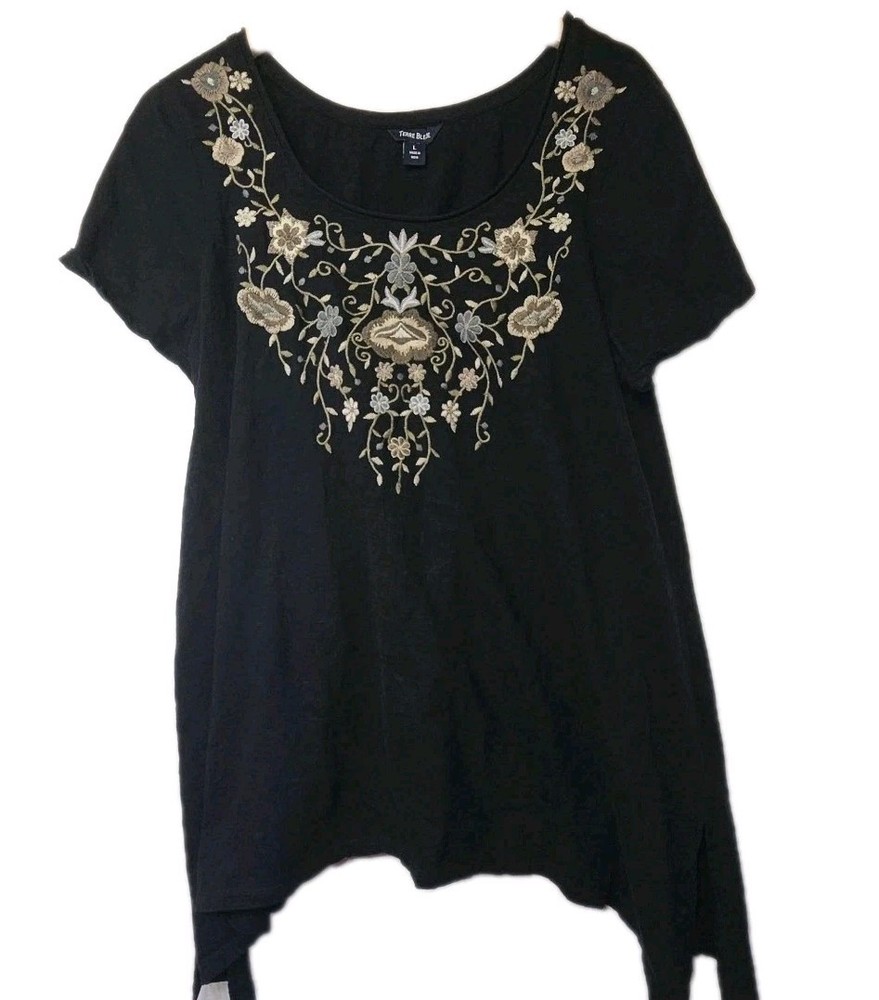 Terre Bleue Black Embroidered Tunic Top Women’s Large Boho Floral Short Sleeve C