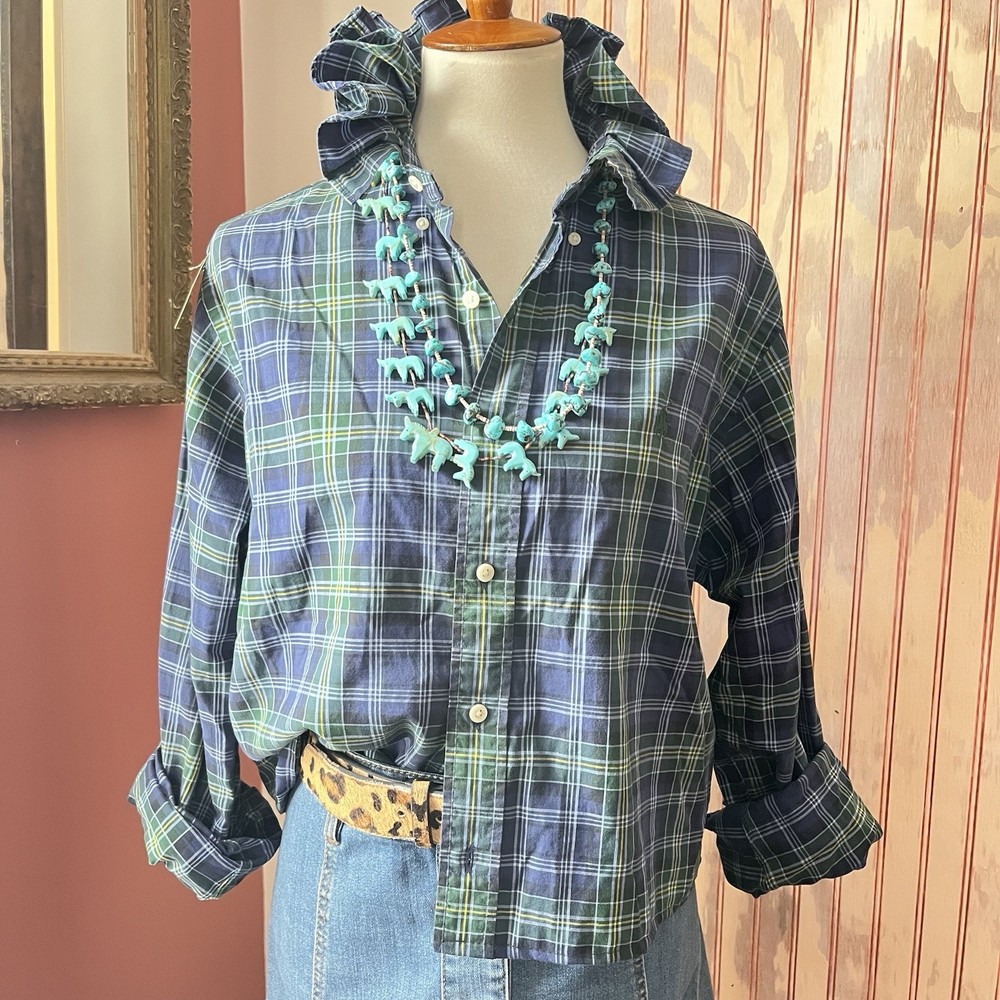 Upcycled RALPH LAUREN Classic Preppy Blackwatch Plaid Ruffle Collar Shirt M/L