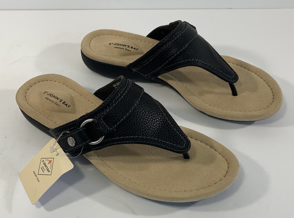 NWB St John’s Bay Women’s Size 6.5 M Black Faux Leather Memory Foam Sandals