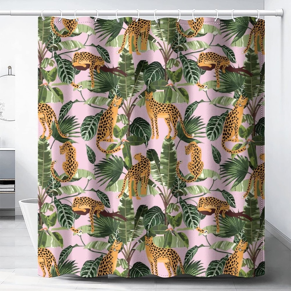 Leopard Palm Leaves Waterproof Fabric Shower Curtain,Abstract Boho Wildlife T...-image