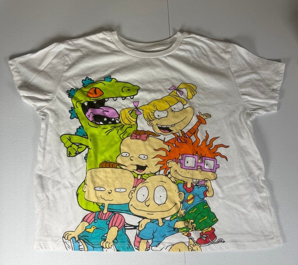 Nickelodeon Rugrats Women’s M Cropped White Shirt Reptar Angelica Chuckie Tommy