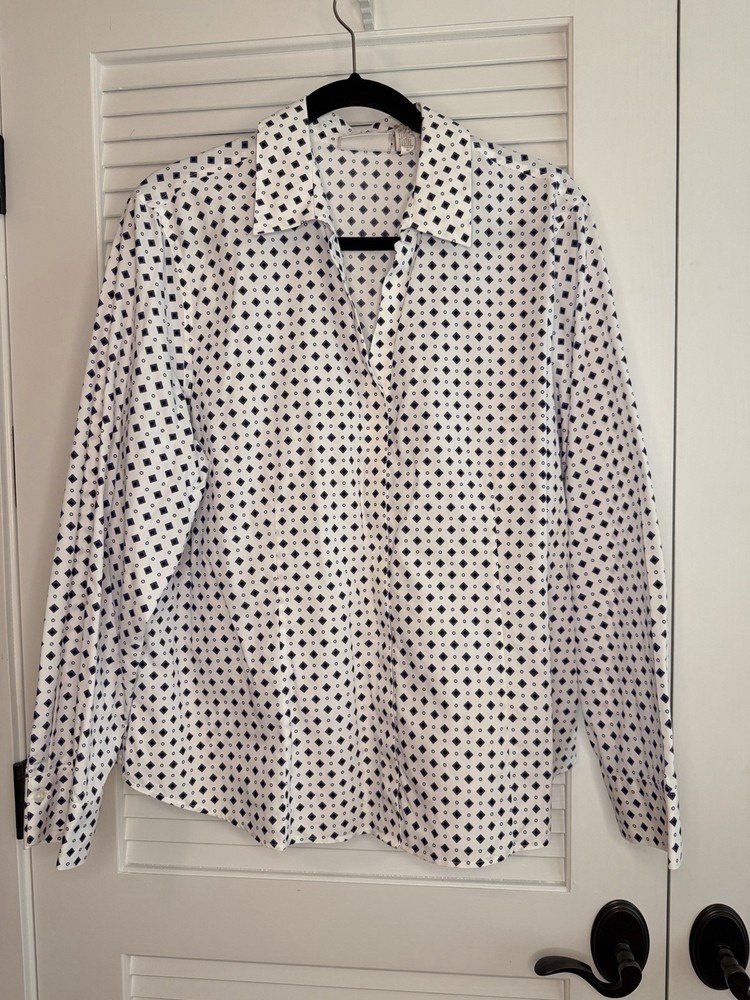 Chico’s Women’s Size 3 White Purple Geometric No Iron Button Front Shirt Blouse